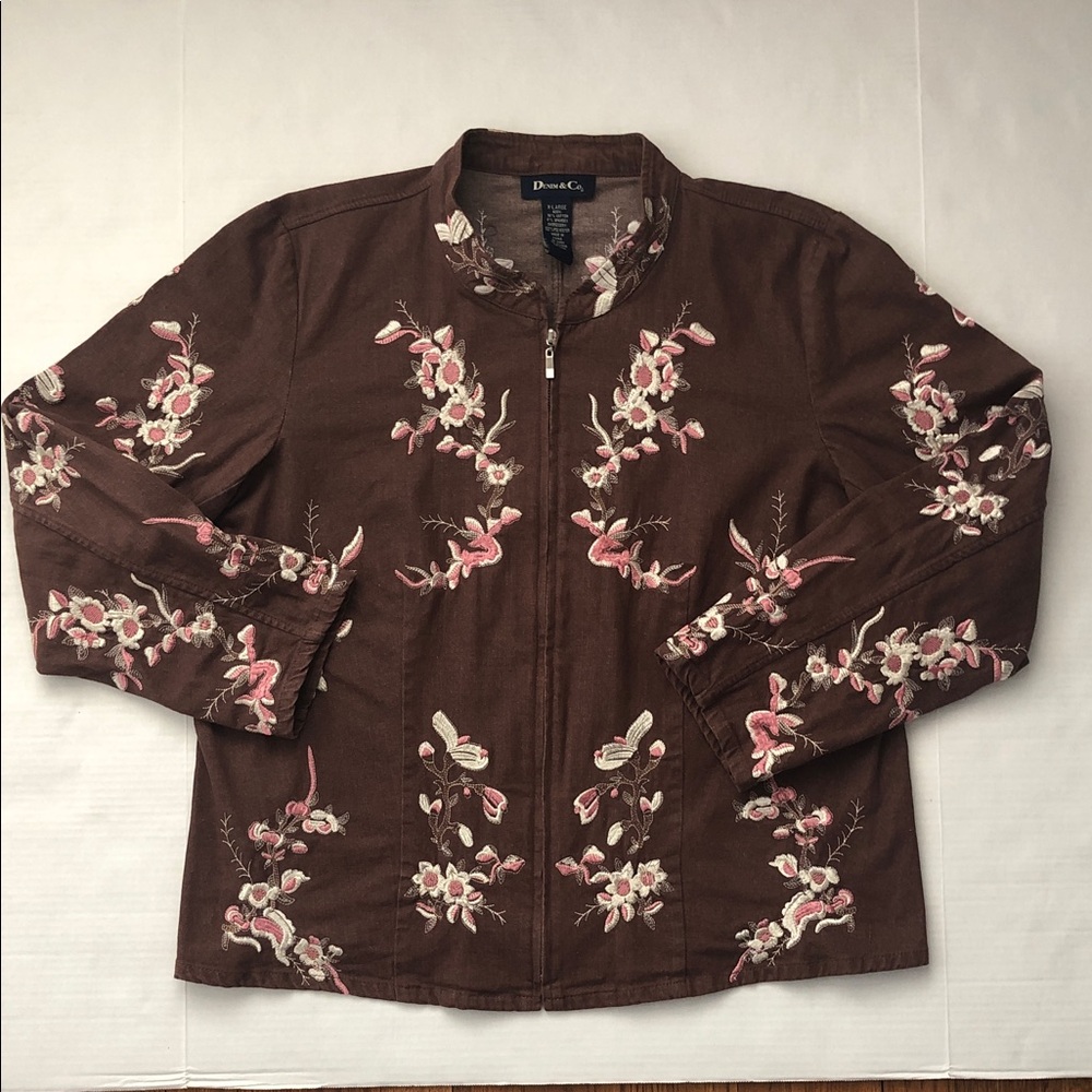Brown Embroidered Boho Women’s Zip up Jacket Size XL Denim & Co